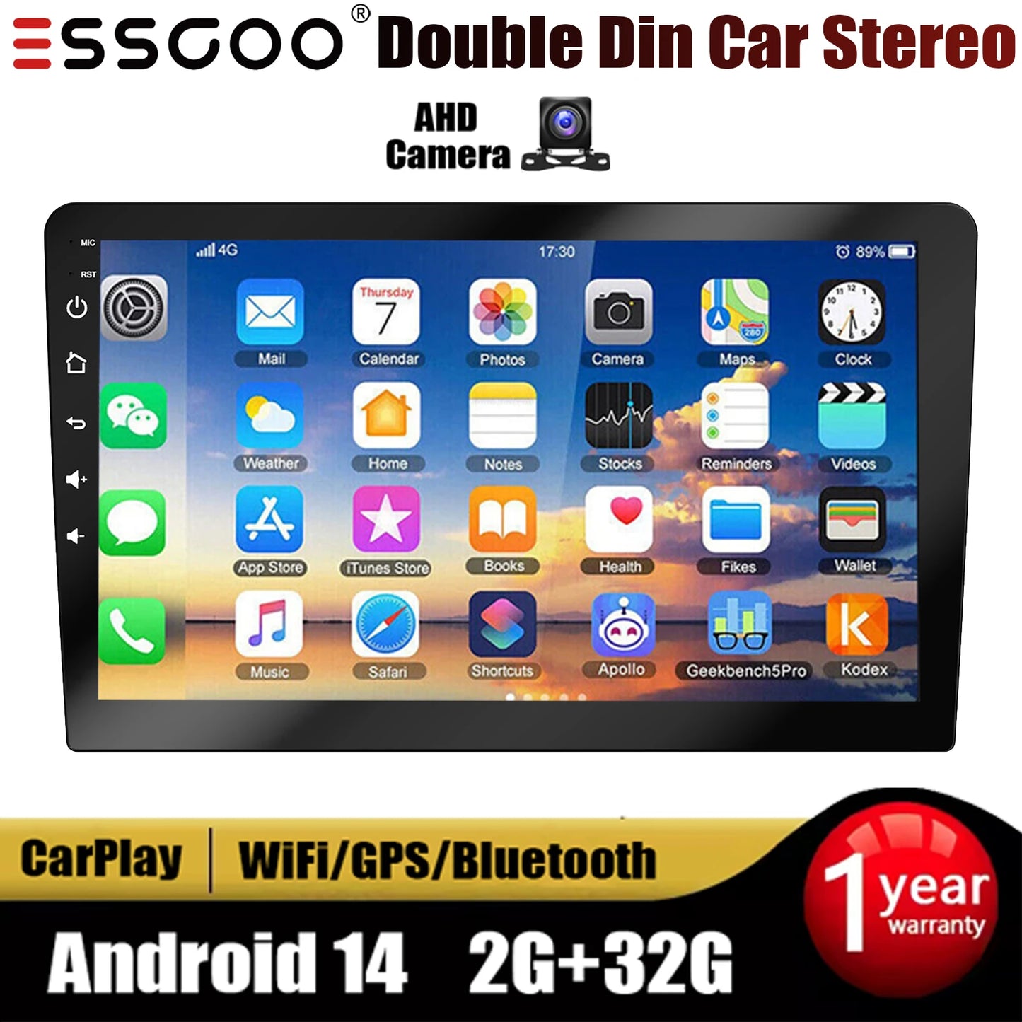 ESSGOO 10.1" Android 14 Carplay Car GPS Radio Stereo Double 2Din Head Unit FM SWC Bluetooth 4+64GB IPS Split Touch Screen WiFi
