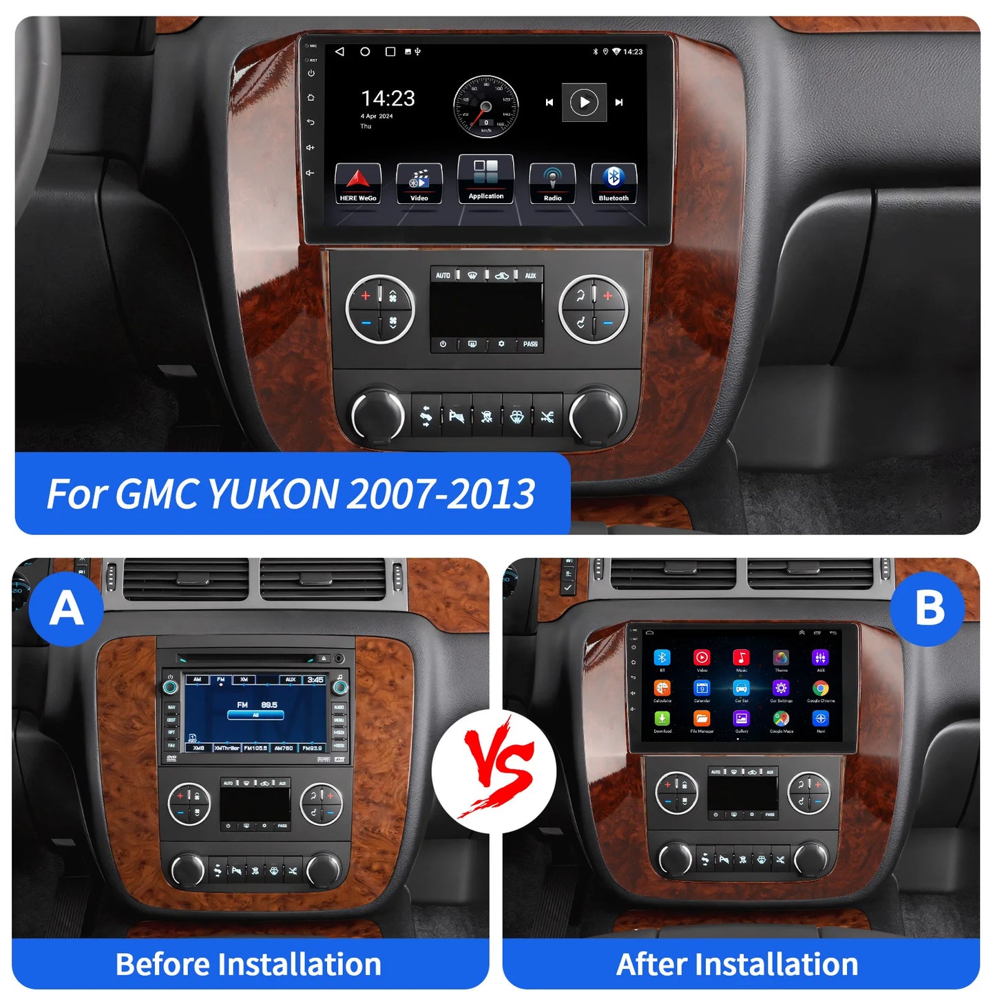 9" For GMC Chevy 2007-2014 Tahoe Suburban Wireless CarPlay Android14 Radio Stereo WiFi GPS Bluetooth Touch Screen SWC+DVR&Camera