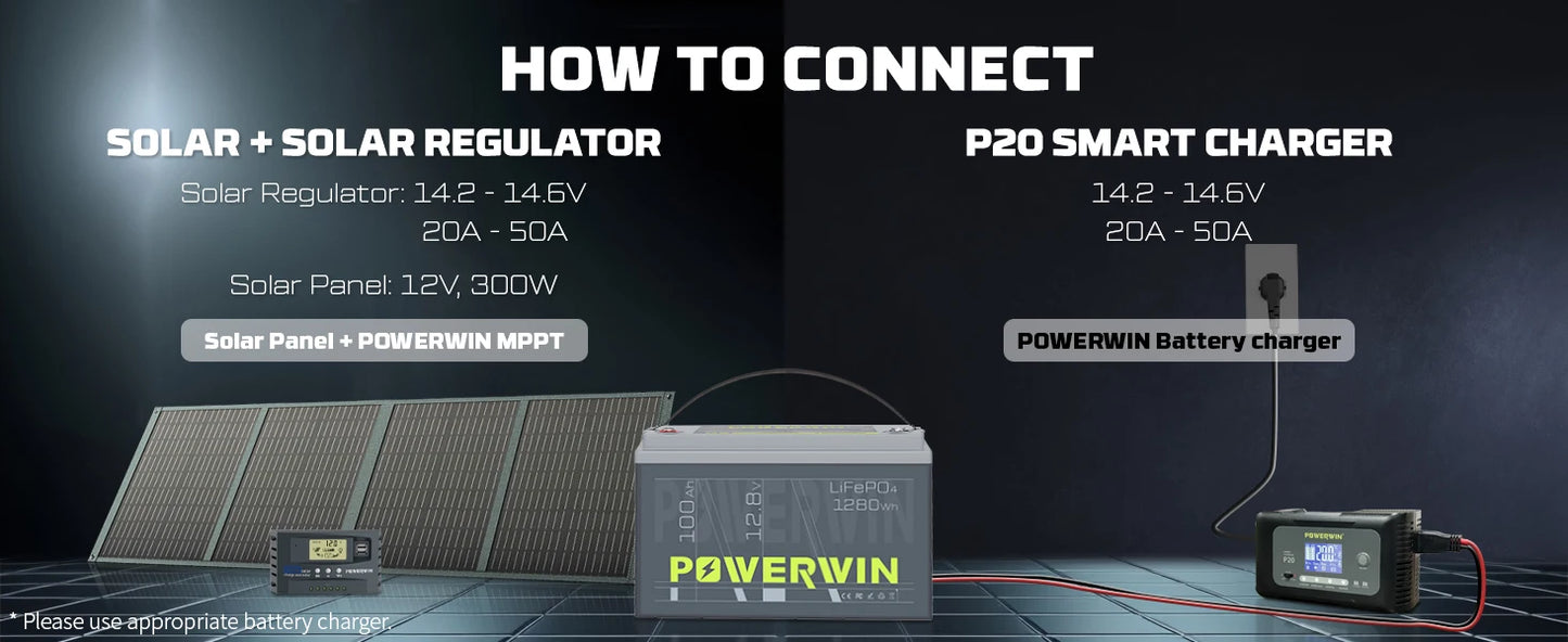 POWERWIN BT100 12.8V 100Ah 1280Wh LiFePO4 Battery 4000+Deep Cycle Rechargeable Built-in BMS Grade A Cell Solar Power Inverter RV