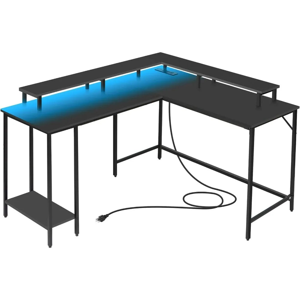 Panana 53.5" L Shaped Computer Desk Gaming Desk with LED Lights and Power Outlets, Reversible L Shaped Corner Desk