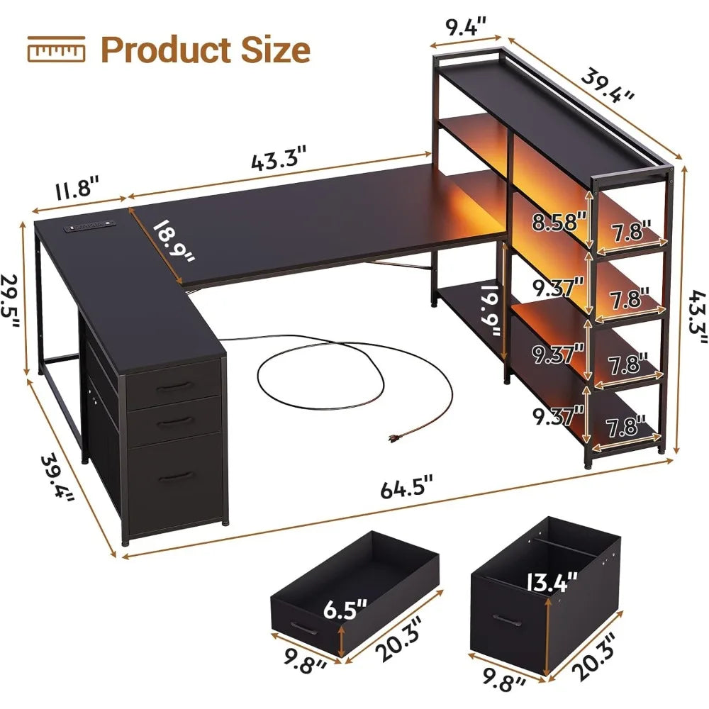 Shaped Gaming Desk, Reversible U Shaped Computer Desk with Power Outlet and Storage Shelves, Corner Gaming Desk,Customized