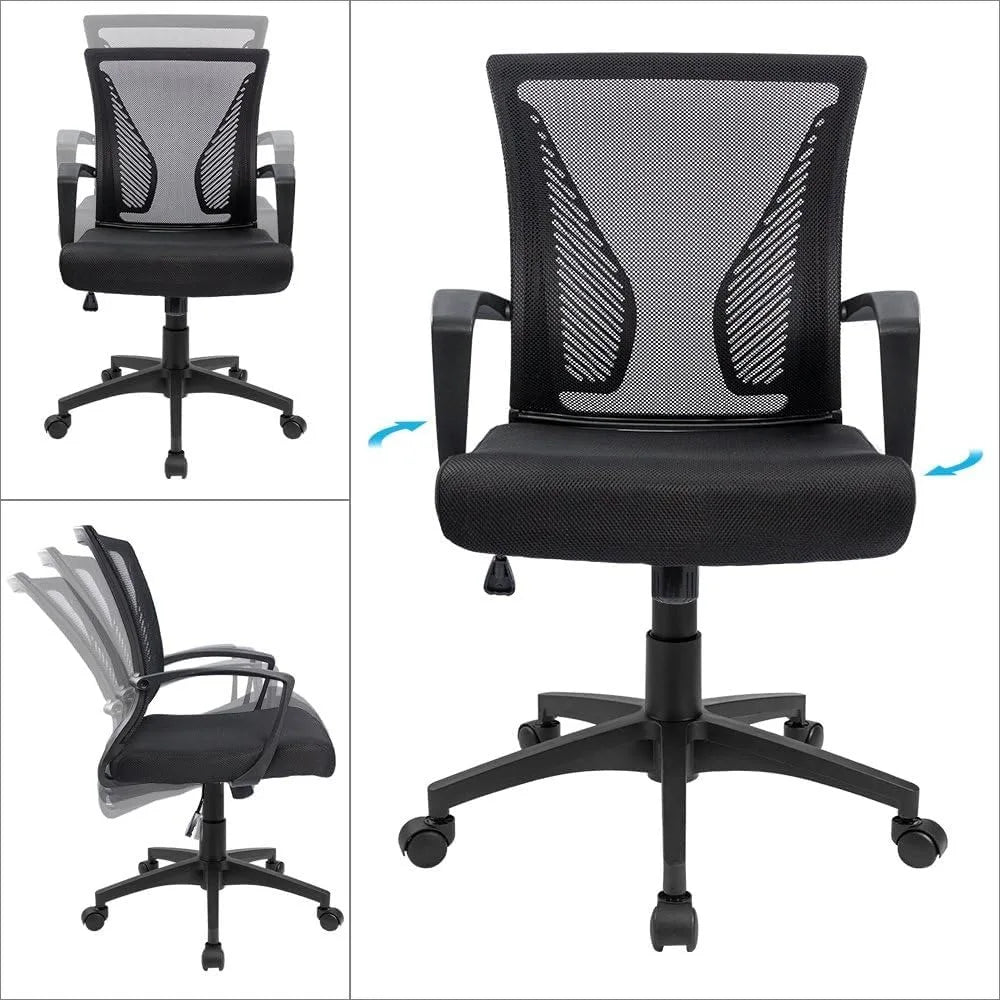 Office Chair Ergonomic Computer Desk Mesh Chair Mid Back Swivel Lumbar Support with Armrest (2, Black)
