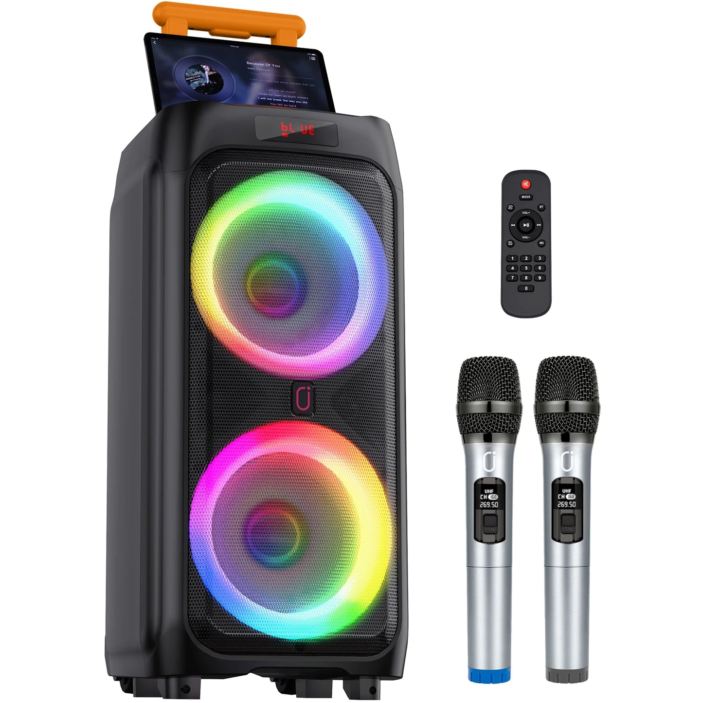 Karaoke Machine with 2 Wireless Microphones, Portable Bluetooth Speaker for Adults & Kids, Big Party PA System with Disco Lights