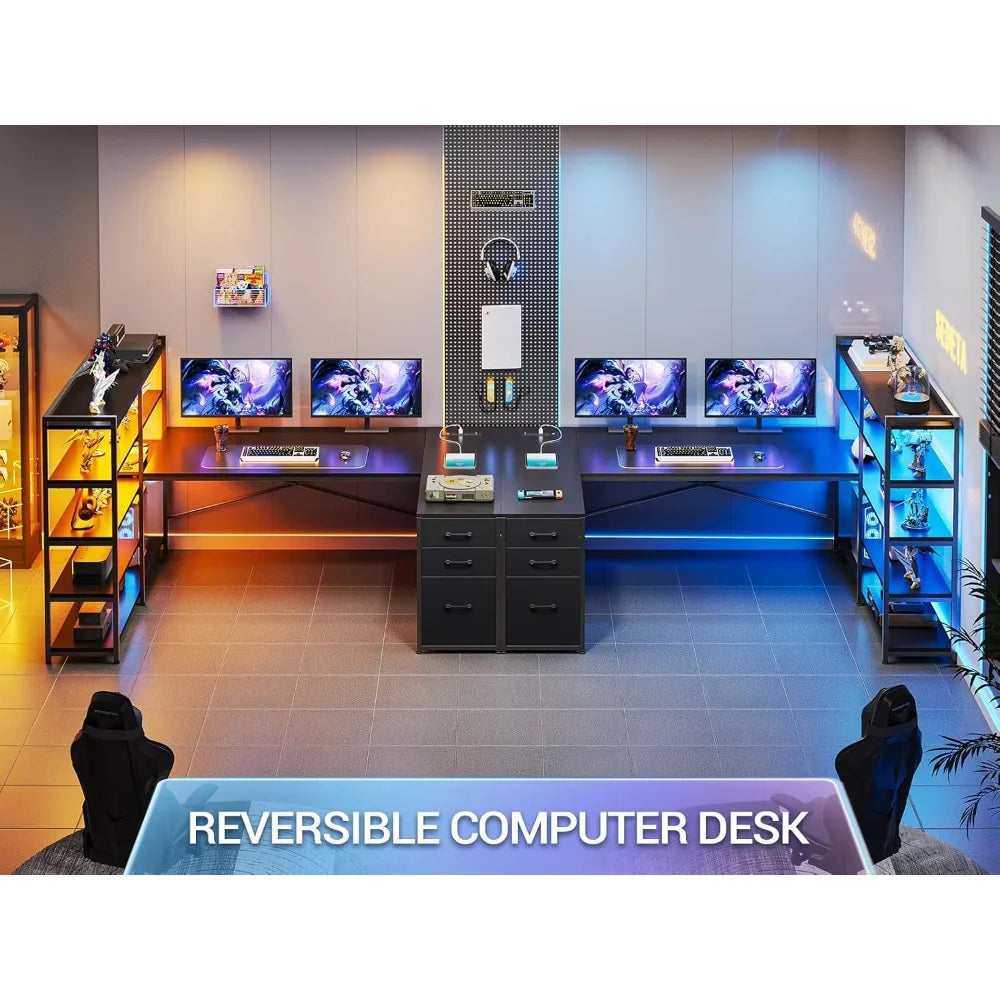 Shaped Gaming Desk, Reversible U Shaped Computer Desk with Power Outlet and Storage Shelves, Corner Gaming Desk,Customized