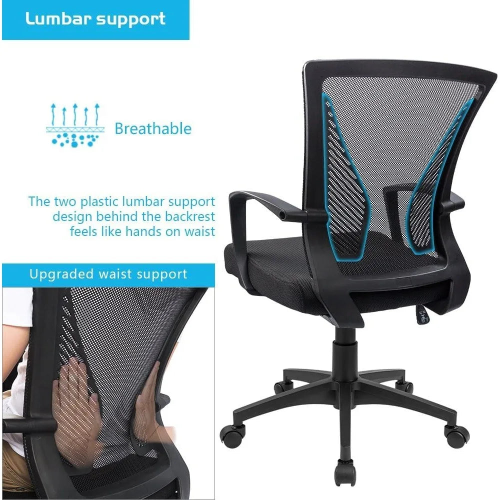 Office Chair Ergonomic Computer Desk Mesh Chair Mid Back Swivel Lumbar Support with Armrest (2, Black)