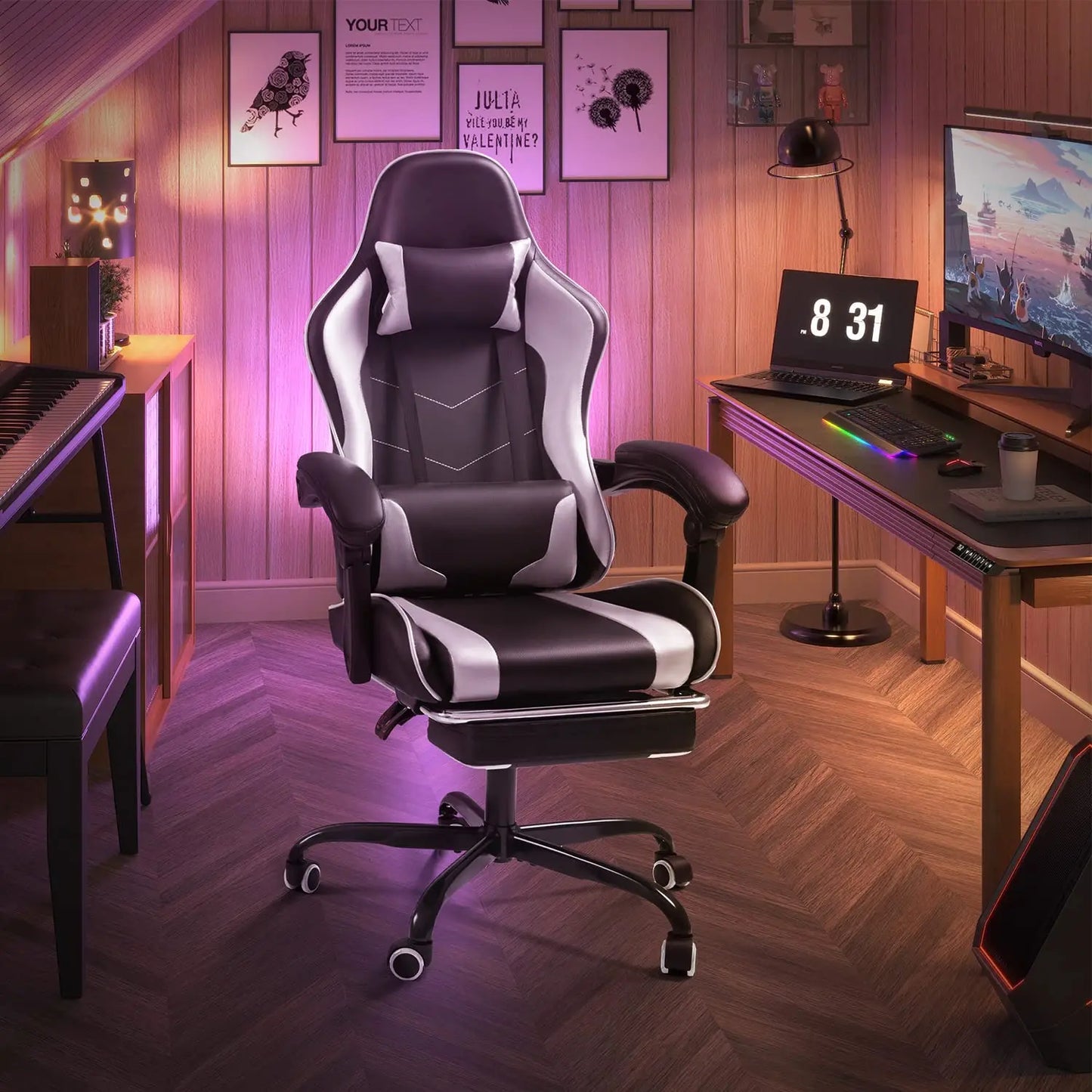 Gaming Chair with Footrest & Massage Lumbar Support, Ergonomic Adjustable Office Chair